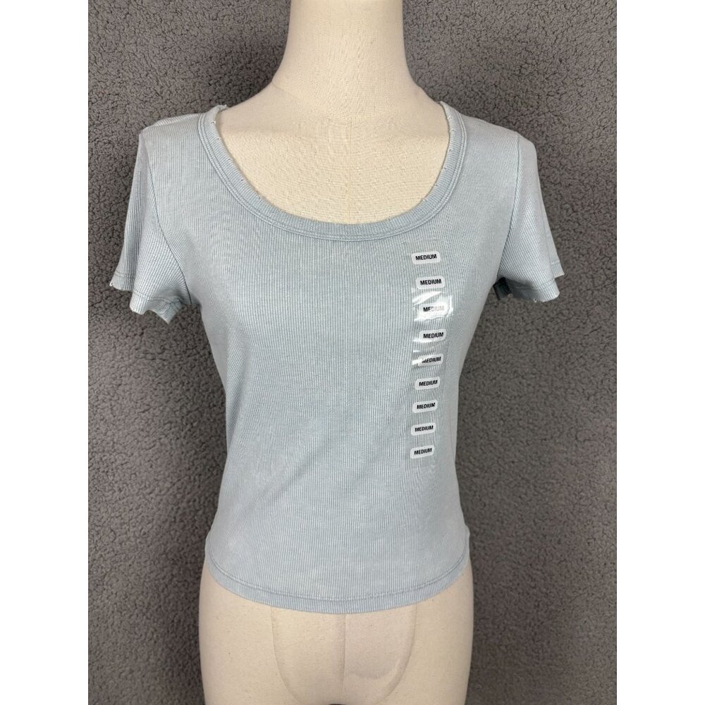 Hippie Rose Juniors' Women's Distressed Rib-Knit T-Shirt Baby Blue Medium NWT's